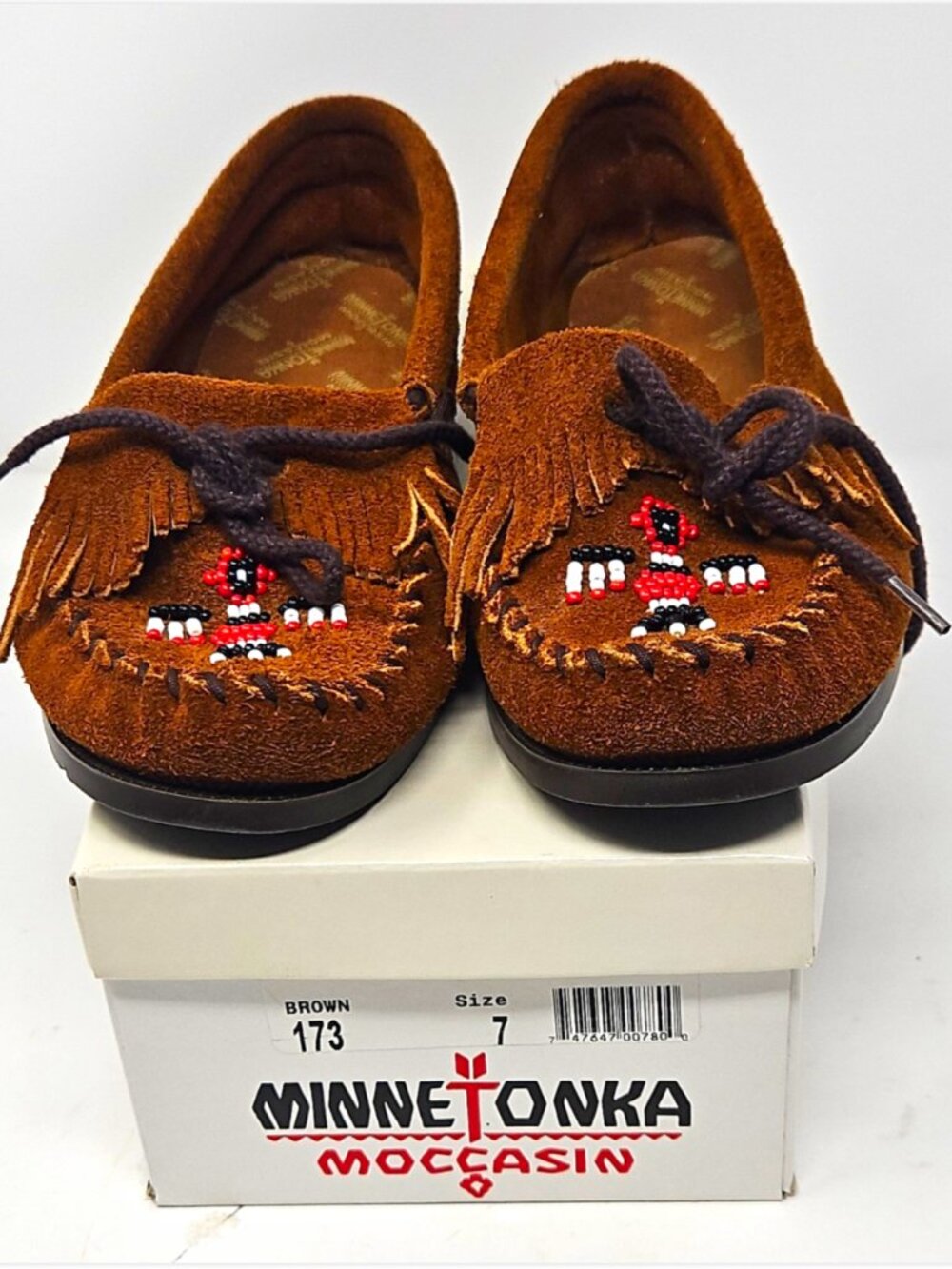 NIB Vintage 1998 Minnetonka Brown Suede Beaded Thunderbird Fringe Moccasins Sz 7